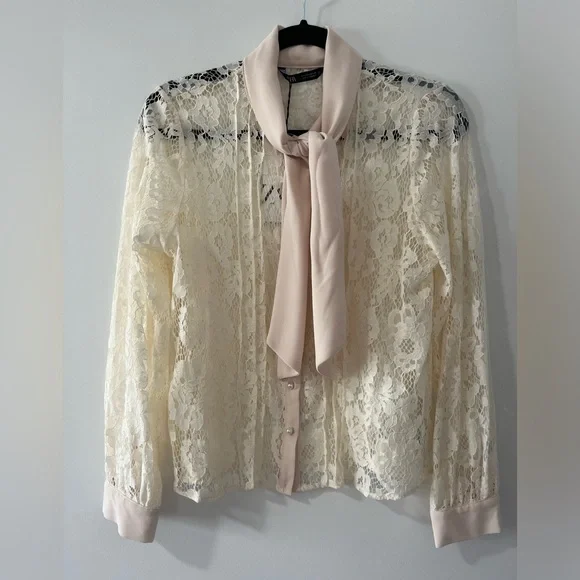 NWT Zara Pearl Button Blouse Bow - Picture 2 of 6